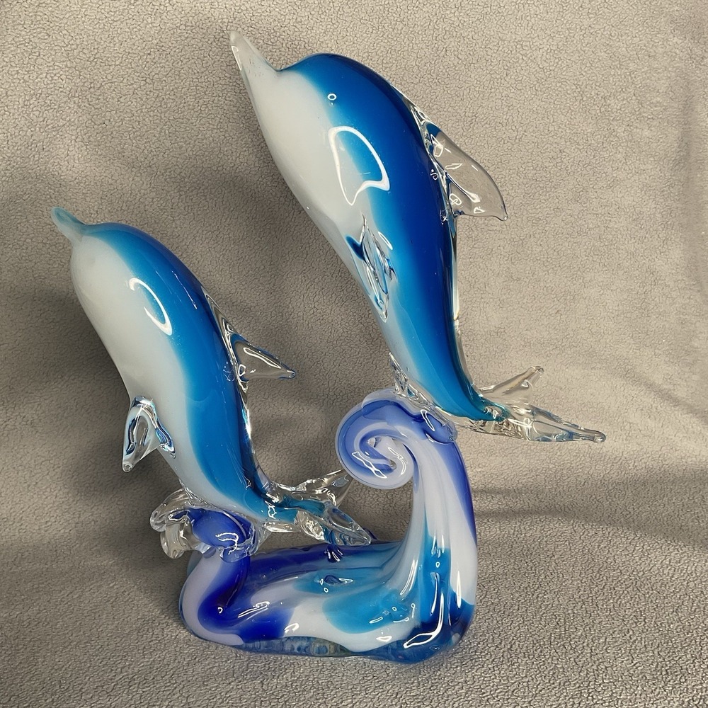 Vintage Murano Style Swimming Dolphins on Wave Art Glass Figurine Beautiful Deco